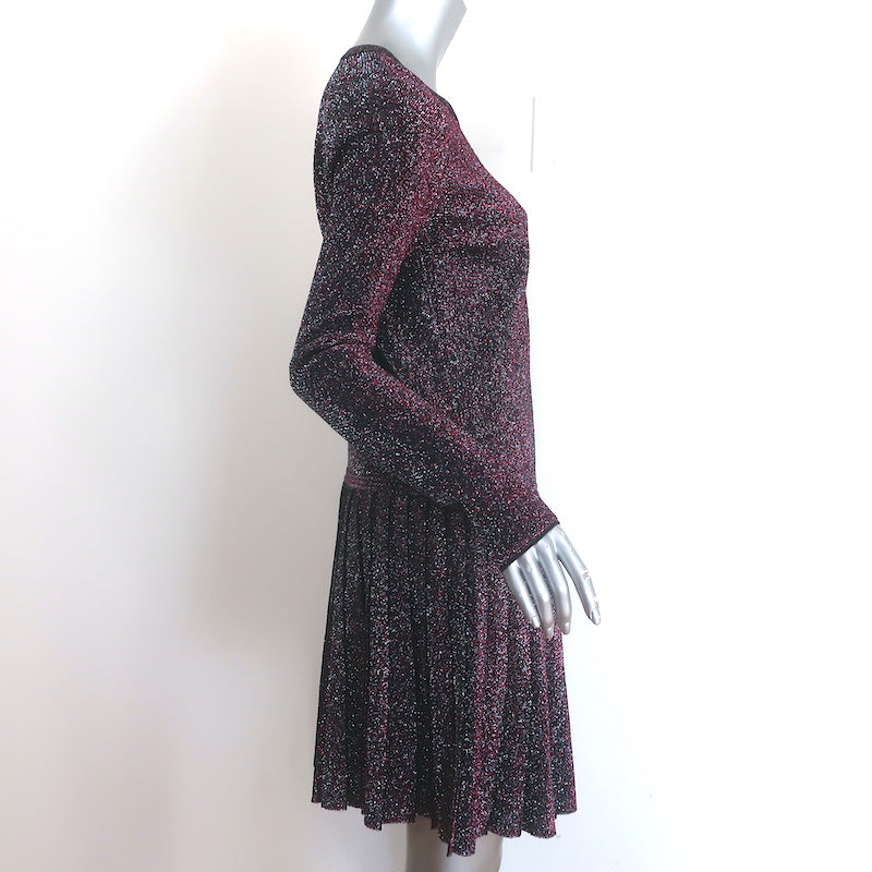 Chanel FW14 Pleated Metallic Long Sleeve Dress Fuchsia Stretch Knit Size 38