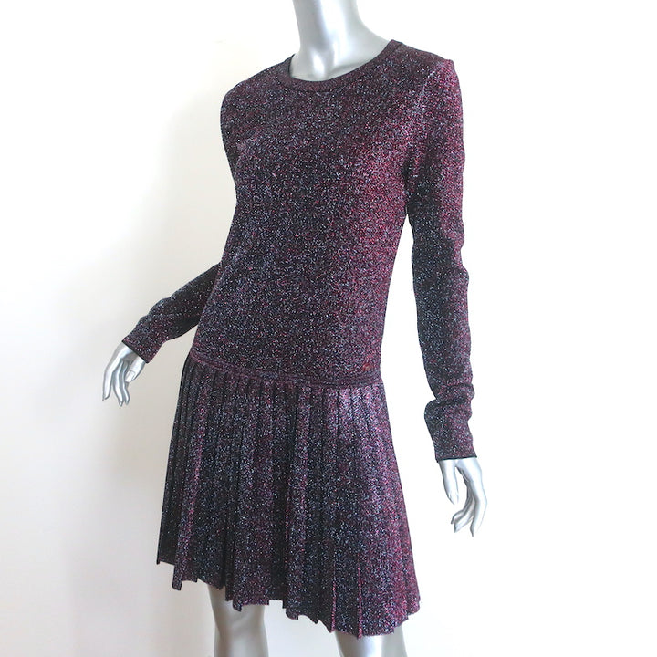 Chanel FW14 Pleated Metallic Long Sleeve Dress Fuchsia Stretch Knit Size 38
