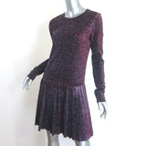Chanel FW14 Pleated Metallic Long Sleeve Dress Fuchsia Stretch Knit Size 38