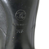 Chanel CC chain-trim cap-toe knee-high boots, black leather, pre-owned authentic designer footwear