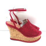 Alaia Cork Platform Wedge Sandals Red Laser Cut Suede Size 37 Ankle Strap Heels