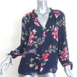 Joie silk tie-sleeve button-down blouse, navy floral print, size small — pre-owned, authentic luxury