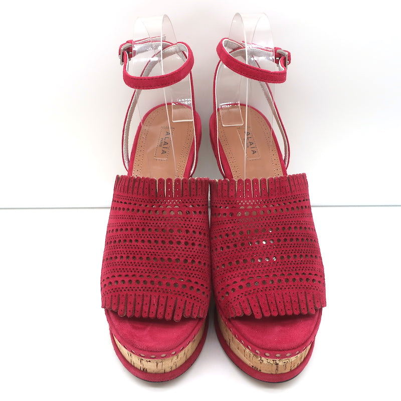 Alaia Cork Platform Wedge Sandals Red Laser Cut Suede Size 37 Ankle Strap Heels