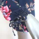 Joie silk navy floral tie-sleeve button-down blouse, size small, authentic pre-owned designer piece