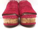 Alaia Cork Platform Wedge Sandals Red Laser Cut Suede Size 37 Ankle Strap Heels