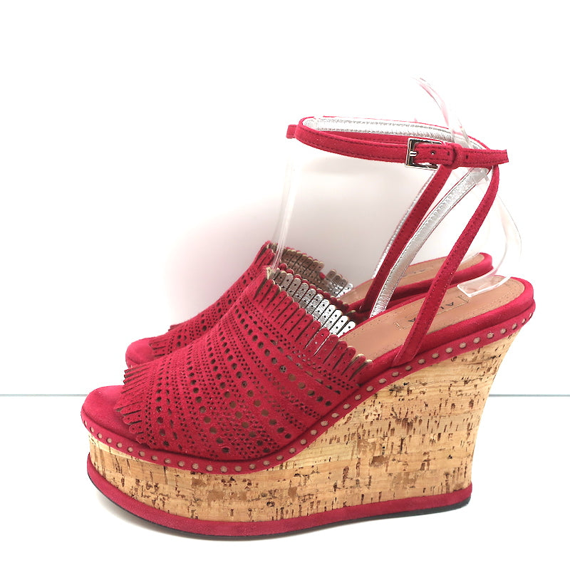 Alaia Cork Platform Wedge Sandals Red Laser Cut Suede Size 37 Ankle Strap Heels
