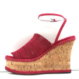 Alaia Cork Platform Wedge Sandals Red Laser Cut Suede Size 37 Ankle Strap Heels