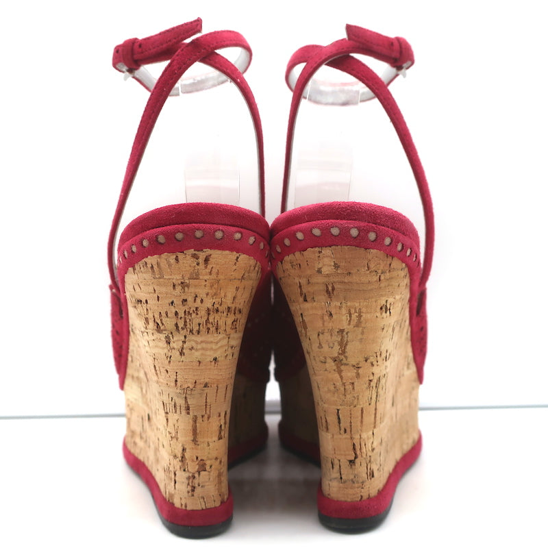 Alaia Cork Platform Wedge Sandals Red Laser Cut Suede Size 37 Ankle Strap Heels