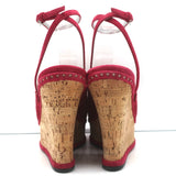 Alaia Cork Platform Wedge Sandals Red Laser Cut Suede Size 37 Ankle Strap Heels