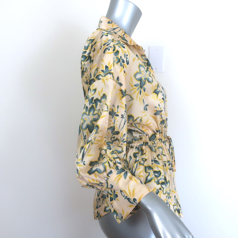 Cinq a Sept Raelynn drawstring blouse, yellow floral print, pre-owned luxury designer top, size XS