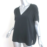 Vince Ruched Shoulder Blouse Black Stretch Silk Size Medium Short Sleeve Top