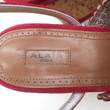 Alaia Cork Platform Wedge Sandals Red Laser Cut Suede Size 37 Ankle Strap Heels