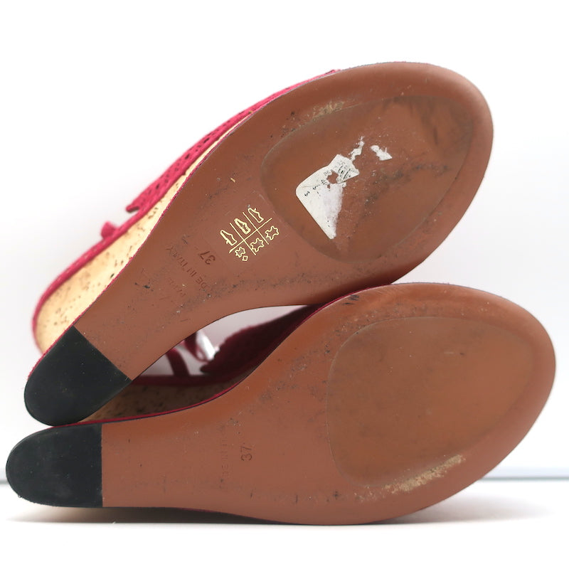 Alaia Cork Platform Wedge Sandals Red Laser Cut Suede Size 37 Ankle Strap Heels