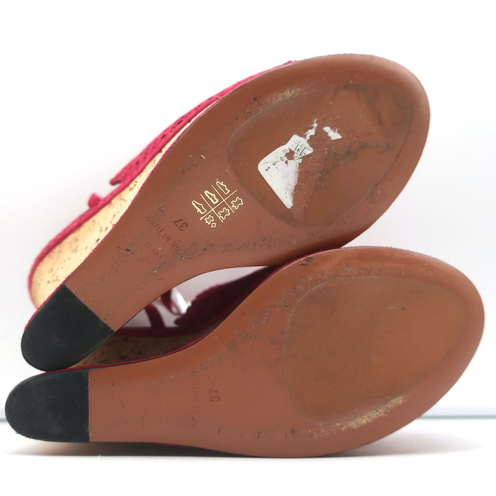Alaia Cork Platform Wedge Sandals Red Laser Cut Suede Size 37 Ankle Strap Heels