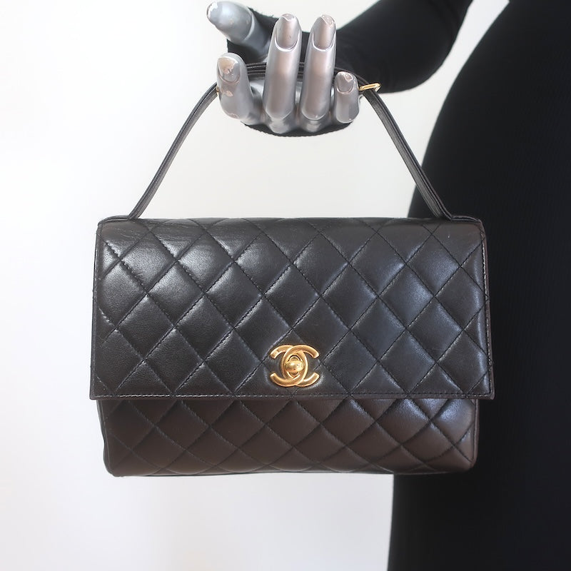 Vintage 1997 Chanel CC Turn-Lock Top Handle Quilted Flap Bag Black Leather