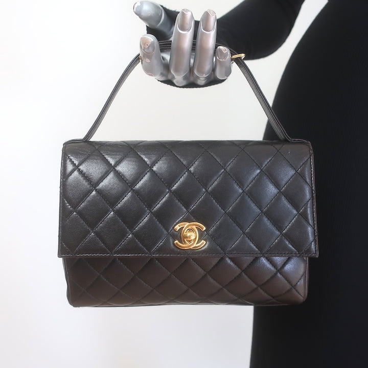 Vintage 1997 Chanel CC Turn-Lock Top Handle Quilted Flap Bag Black Leather