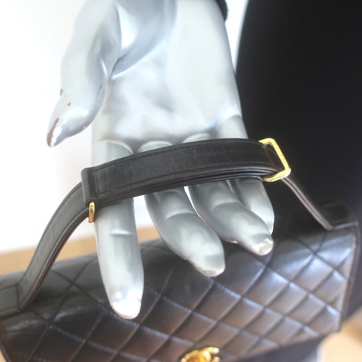 Vintage 1997 Chanel CC Turn-Lock Top Handle Quilted Flap Bag Black Leather
