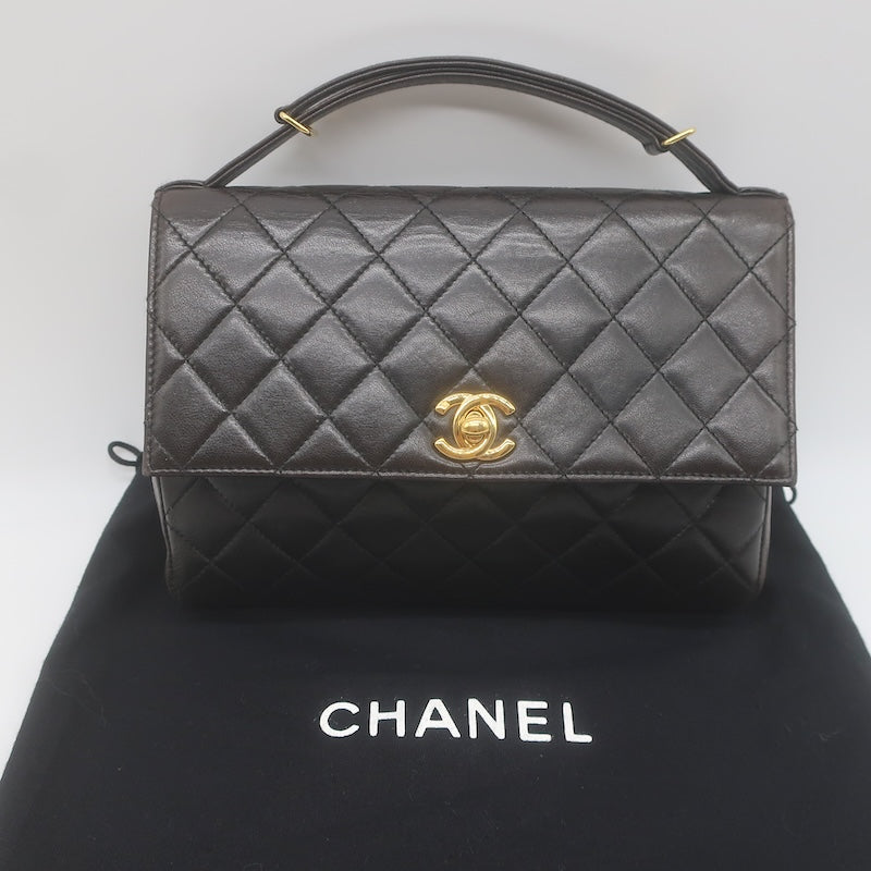 Vintage 1997 Chanel CC Turn-Lock Top Handle Quilted Flap Bag Black Leather