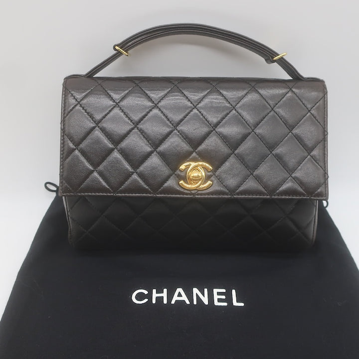Vintage 1997 Chanel CC Turn-Lock Top Handle Quilted Flap Bag Black Leather