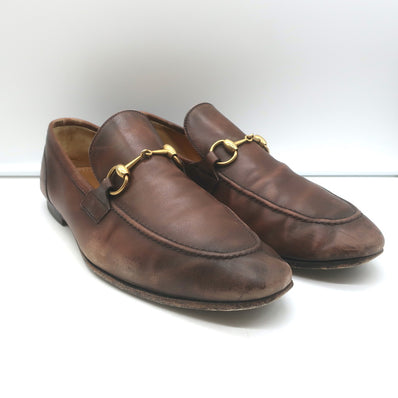 Gucci Jordaan Horsebit Loafers Brown Burnished Leather Size 10