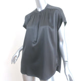 Vince Shirred Neck Top Charcoal Silk Satin Size Medium Short Sleeve Blouse