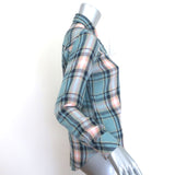 Authentic pre-owned Rails plaid shirt in teal, peach and navy; gently worn luxury button-front shirt, size XS