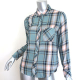 Option 1: Authentic pre-owned Rails Hunter plaid shirt in teal, peach and navy — luxe cotton blend, size XS, label visible Option 2: Pre-owned Rails Hunter plaid button-down shirt, teal/peach/navy, luxury cotton blend with authentic label, size XS Option 3: Luxury pre-owned Rails Hunter plaid shirt in teal, peach and navy, excellent condition with authentic brand label