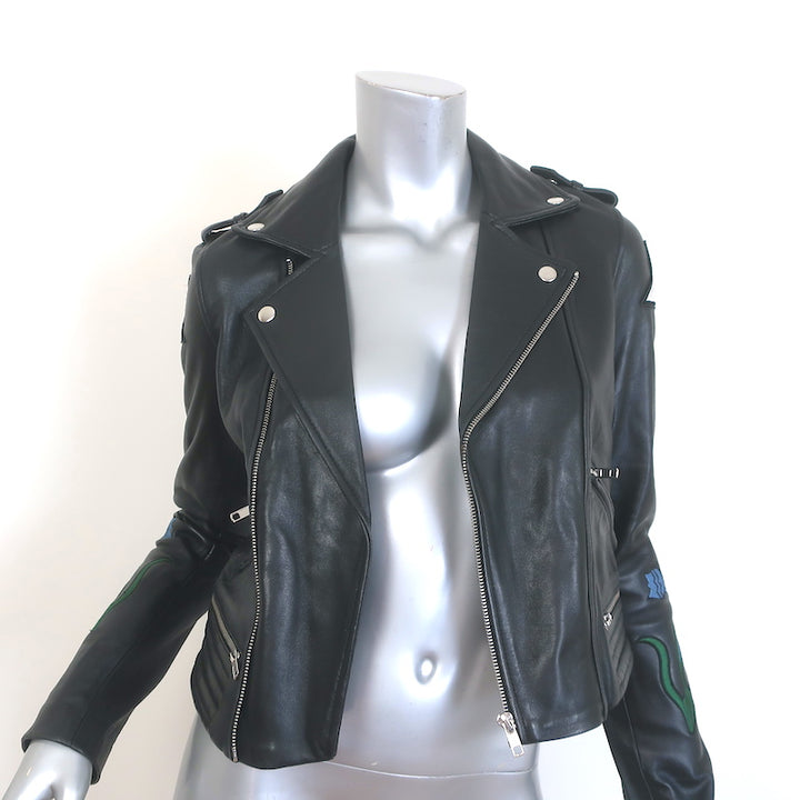 Maje Bream Dream Tomorrow Embroidered Leather Moto Jacket Black Size 36