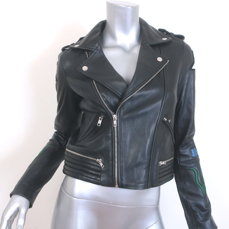 Maje Bream Dream Tomorrow Embroidered Leather Moto Jacket Black Size 36