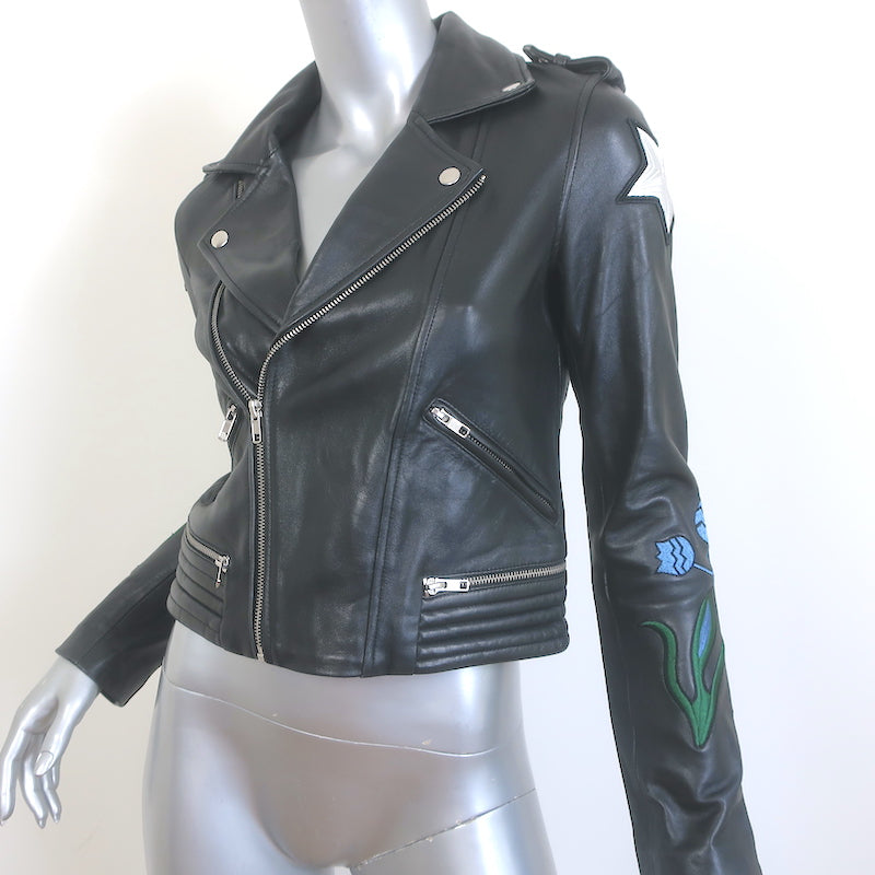 Maje Bream Dream Tomorrow Embroidered Leather Moto Jacket Black Size 36