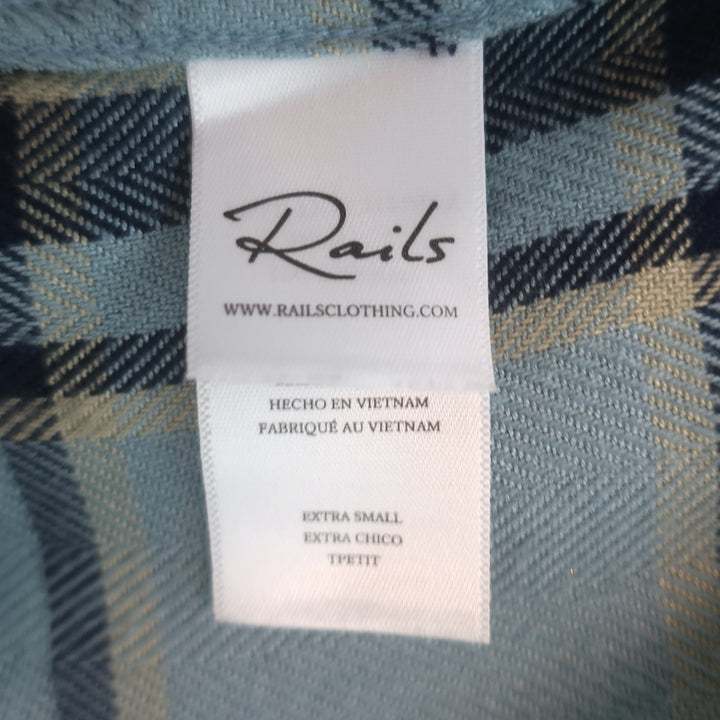 Authentic pre-owned Rails Hunter plaid shirt in teal, peach and navy, gently worn luxury women&