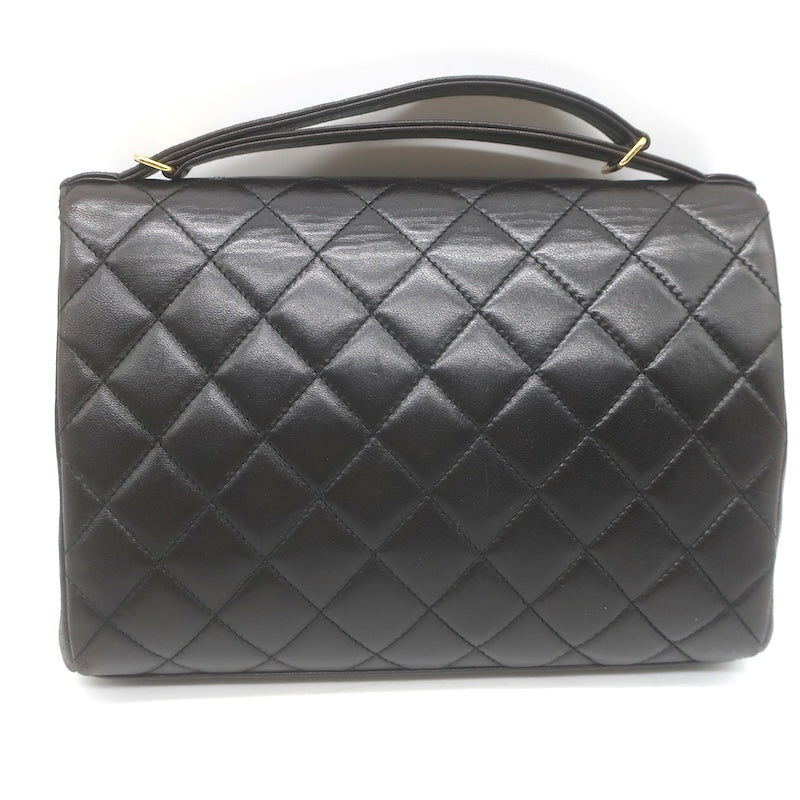 Vintage 1997 Chanel CC Turn-Lock Top Handle Quilted Flap Bag Black Leather