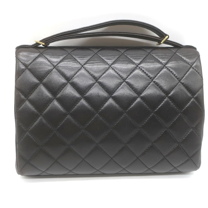 Vintage 1997 Chanel CC Turn-Lock Top Handle Quilted Flap Bag Black Leather