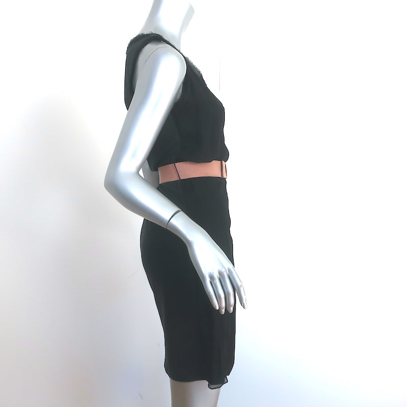 Lanvin Bow Belt Dress Black Chiffon-Overlay Jersey Size Small Sleeveless Sheath