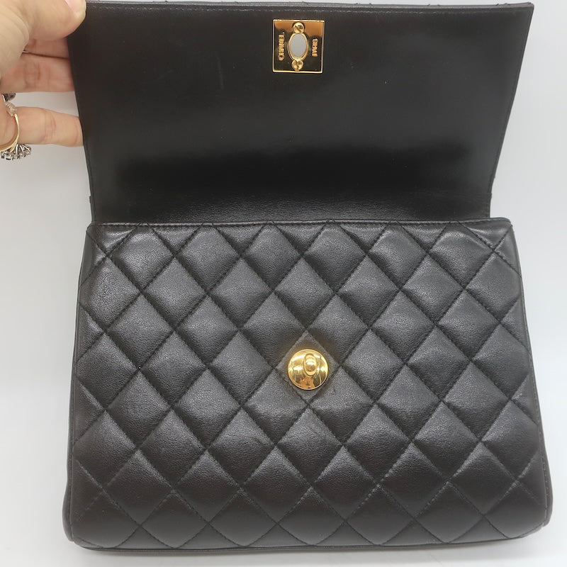 Vintage 1997 Chanel CC Turn-Lock Top Handle Quilted Flap Bag Black Leather