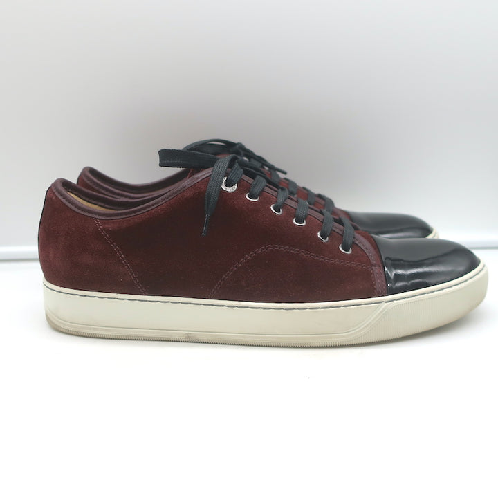 Lanvin Cap Toe Low Top Sneakers Burgundy Suede &amp; Black Patent Leather Size 10