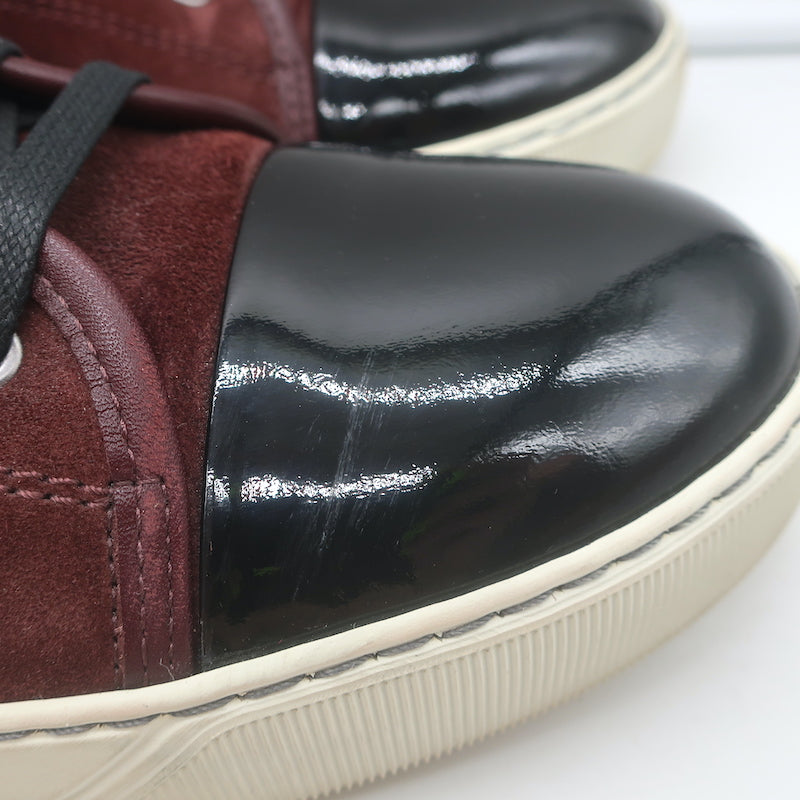 Lanvin Cap Toe Low Top Sneakers Burgundy Suede &amp; Black Patent Leather Size 10