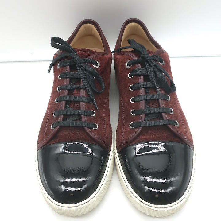 Lanvin Cap Toe Low Top Sneakers Burgundy Suede &amp; Black Patent Leather Size 10