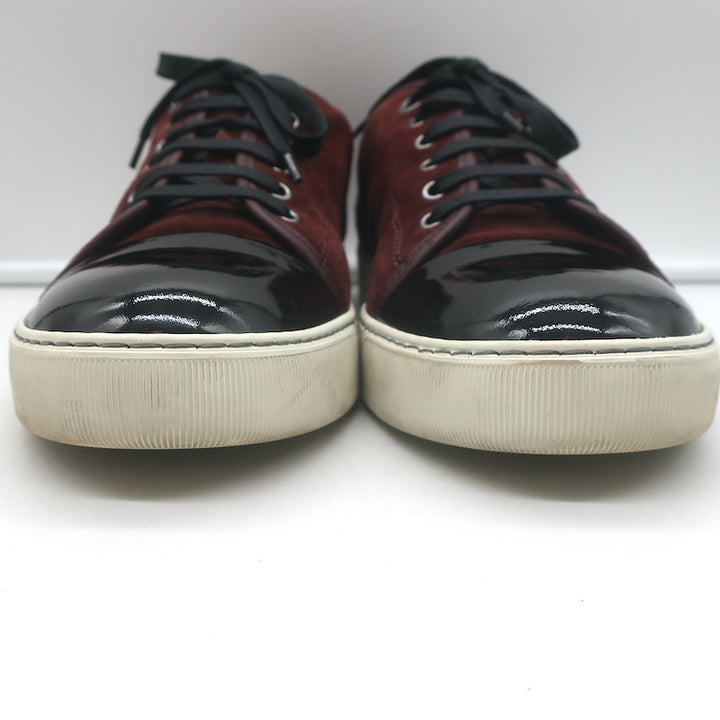 Lanvin Cap Toe Low Top Sneakers Burgundy Suede &amp; Black Patent Leather Size 10