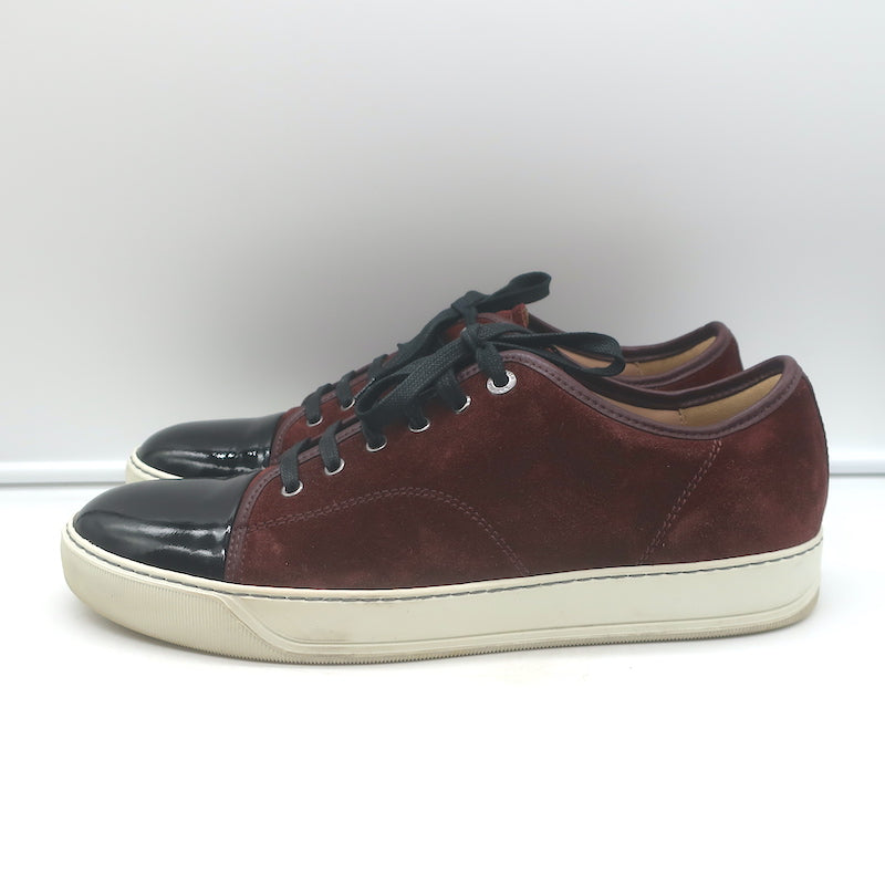 Lanvin Cap Toe Low Top Sneakers Burgundy Suede &amp; Black Patent Leather Size 10