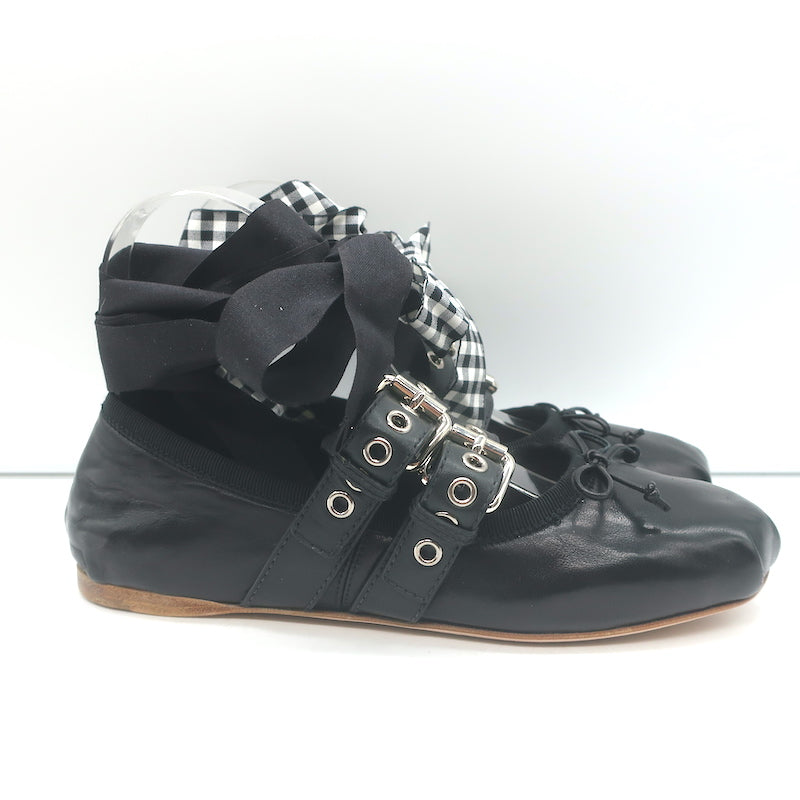 Miu Miu Buckled Ankle Tie Ballet Flats Black Leather Size 36.5 NEW