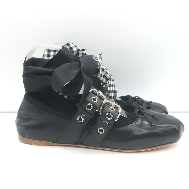 Miu Miu Buckled Ankle Tie Ballet Flats Black Leather Size 36.5 NEW