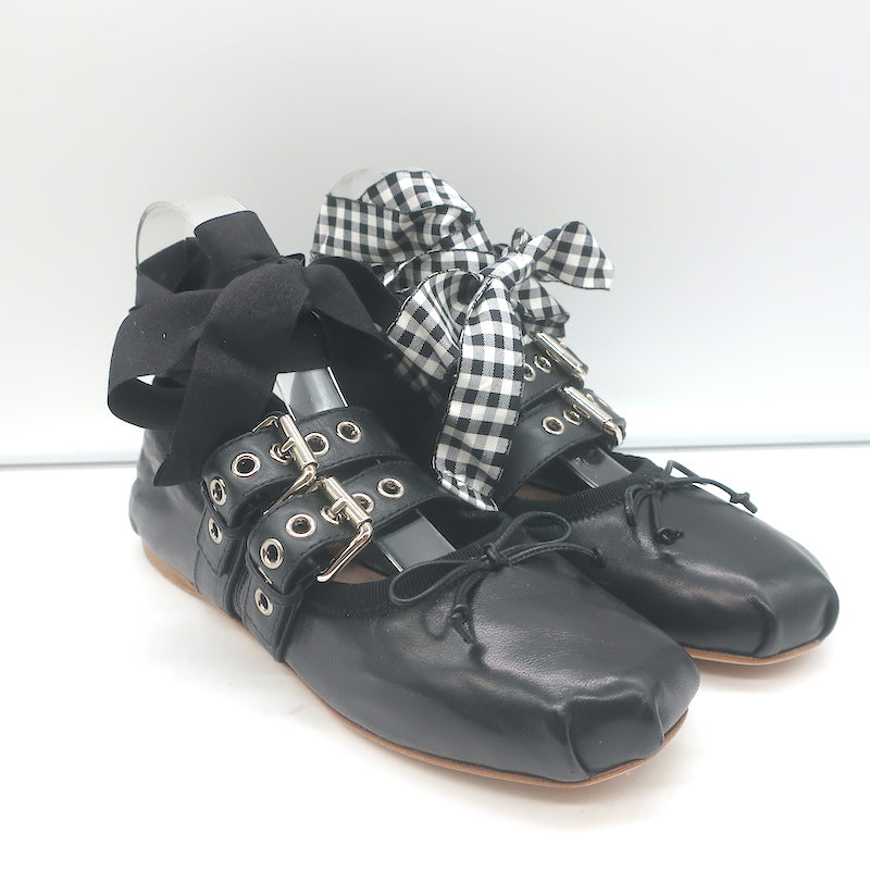 Miu Miu Buckled Ankle Tie Ballet Flats Black Leather Size 36.5 NEW