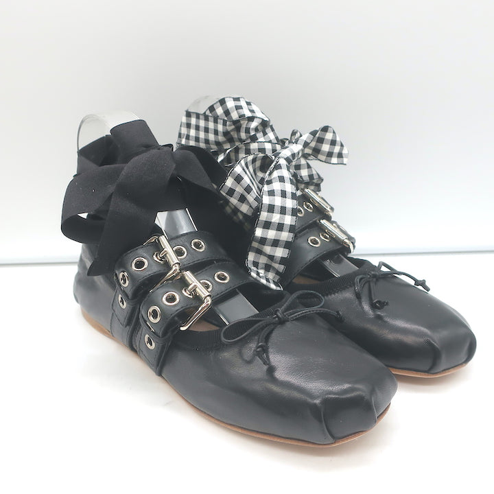 Miu Miu Buckled Ankle Tie Ballet Flats Black Leather Size 36.5 NEW