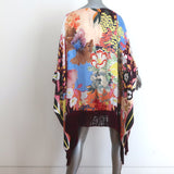 Etro Fringed Poncho Tunic Dress Multicolor Floral Print Satin One Size