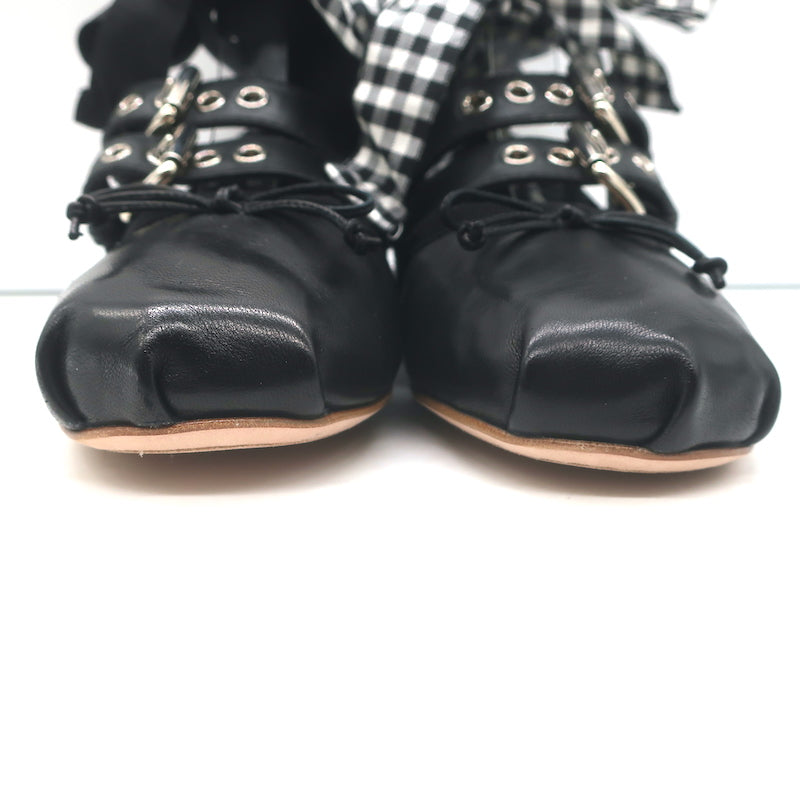 Miu Miu Buckled Ankle Tie Ballet Flats Black Leather Size 36.5 NEW