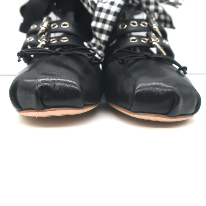 Miu Miu Buckled Ankle Tie Ballet Flats Black Leather Size 36.5 NEW