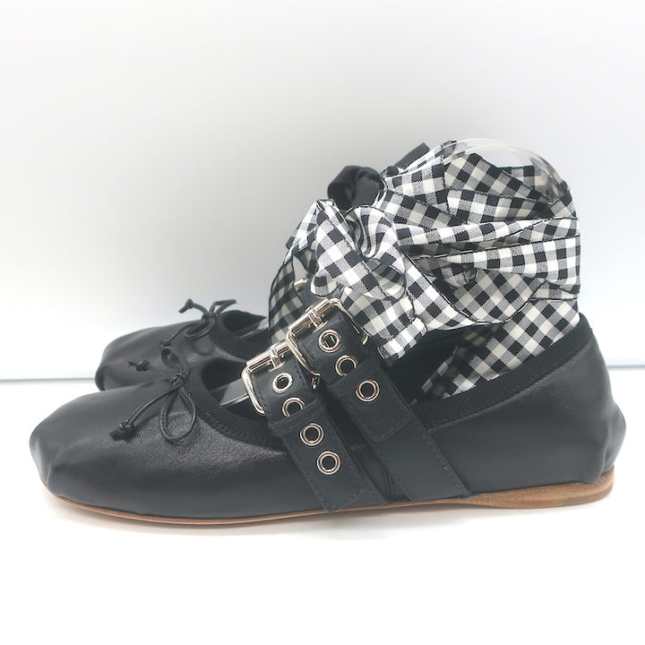 Miu Miu Buckled Ankle Tie Ballet Flats Black Leather Size 36.5 NEW