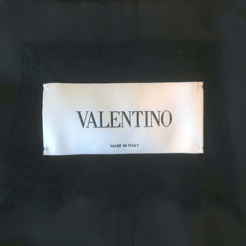 Valentino Lace-Trim Taffeta Belted Flared Trench Coat Black Silk-Blend Size 8