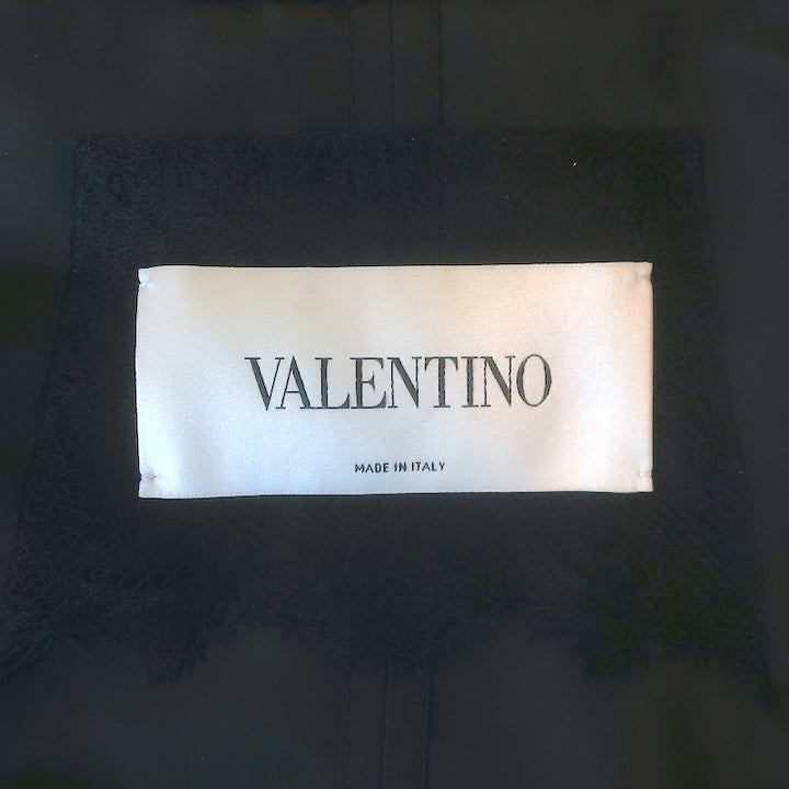 Valentino Lace-Trim Taffeta Belted Flared Trench Coat Black Silk-Blend Size 8